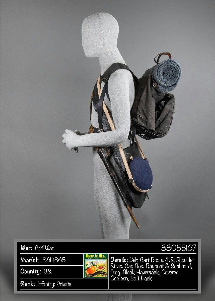 Equipment Set, Enlisted Soldier, US Army -- Belt, Waist Type, With Oval "US" Plate, Cap Box, Socket Bayonet With Scabbard/Frog; Cartridge Box With Oval "US" Plate, Shoulder Sling With M1839 Eagle Plate; Canteen, Round "Bullseye" Type, With Cloth Shoulder Sling; Haversack, Black-Tarred Type; Knapsack, Soft-Sided, With Blanket Roll On Top (Optional - Used During Marches) -- US, Civil War, Black, 1860s+, Leather, USA
