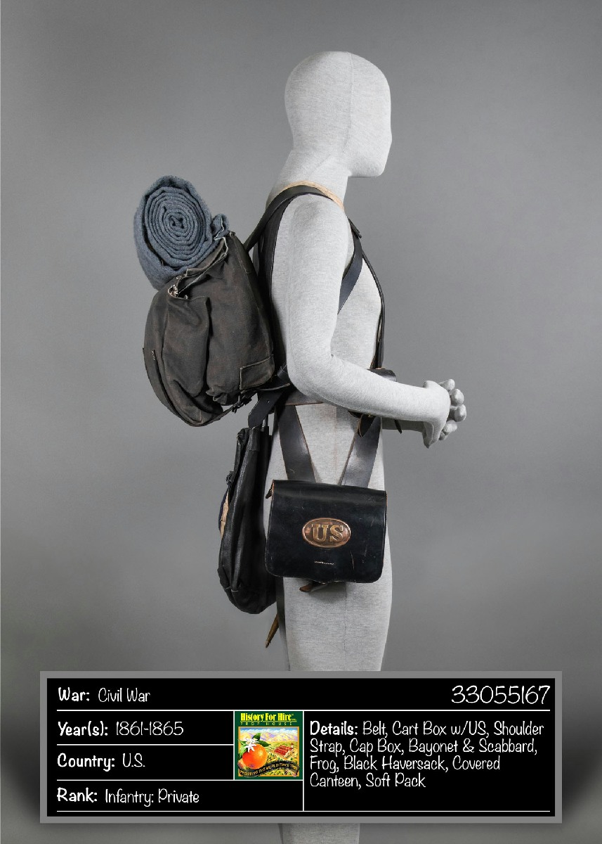 Equipment Set, Enlisted Soldier, US Army -- Belt, Waist Type, With Oval "US" Plate, Cap Box, Socket Bayonet With Scabbard/Frog; Cartridge Box With Oval "US" Plate, Shoulder Sling With M1839 Eagle Plate; Canteen, Round "Bullseye" Type, With Cloth Shoulder Sling; Haversack, Black-Tarred Type; Knapsack, Soft-Sided, With Blanket Roll On Top (Optional - Used During Marches) -- US, Civil War, Black, 1860s+, Leather, USA